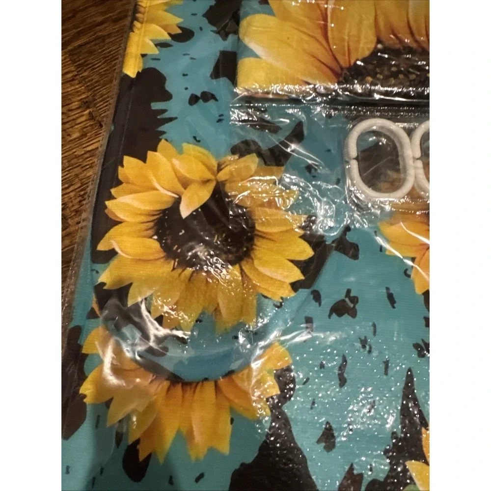 15pc Sunflowers Shower Curtain‎ Set Bath Mat, Toilet Mat, Rings, Curtain NEW